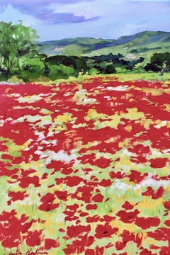 Peinture impressionniste contemporaine « Poppies In Banon » en Provence avec rouge audacieux