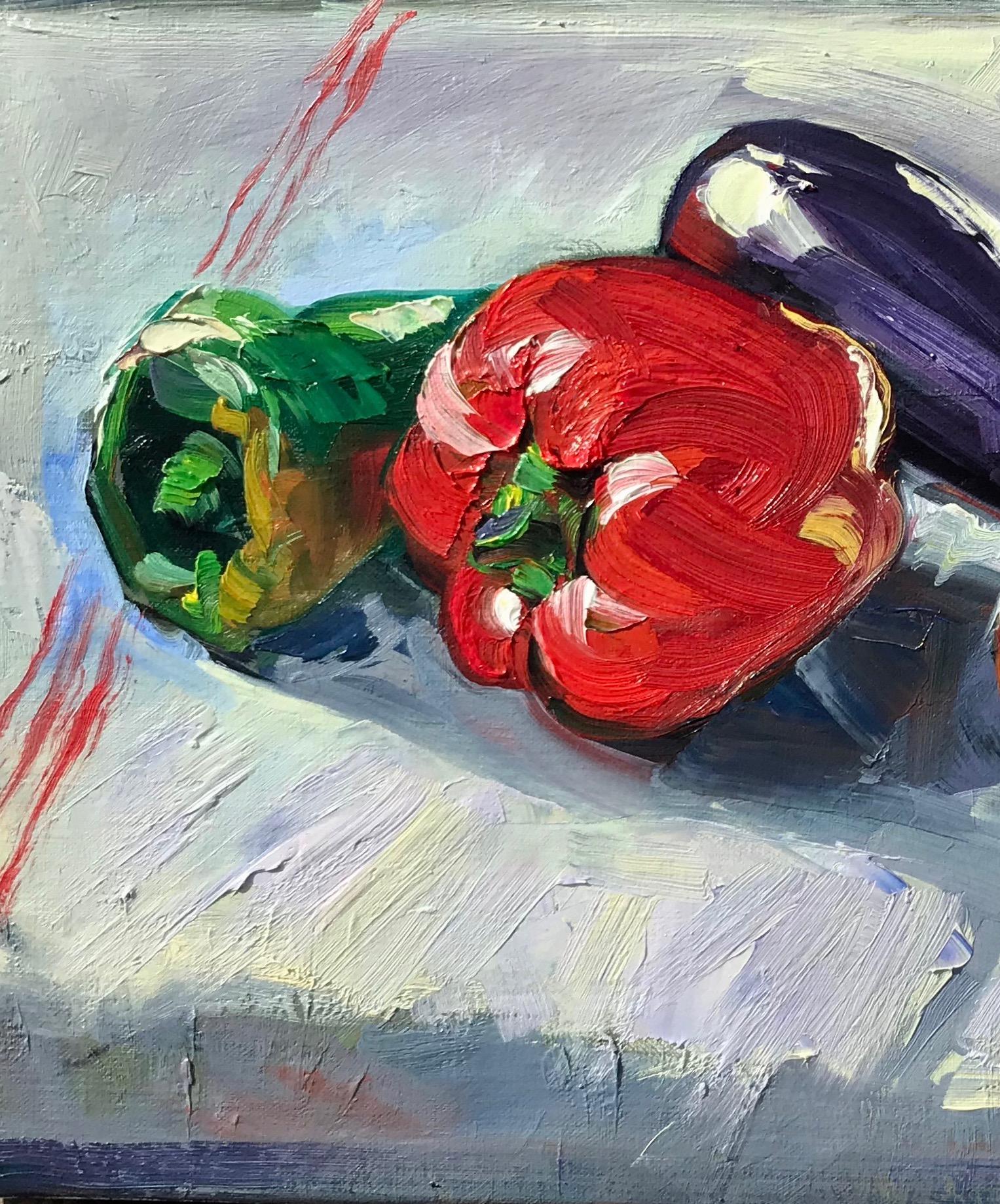 Nature morte impressionniste contemporaine à l'huile « Légumes du marché provincial » - Gris Still-Life Painting par Maria Bertrán
