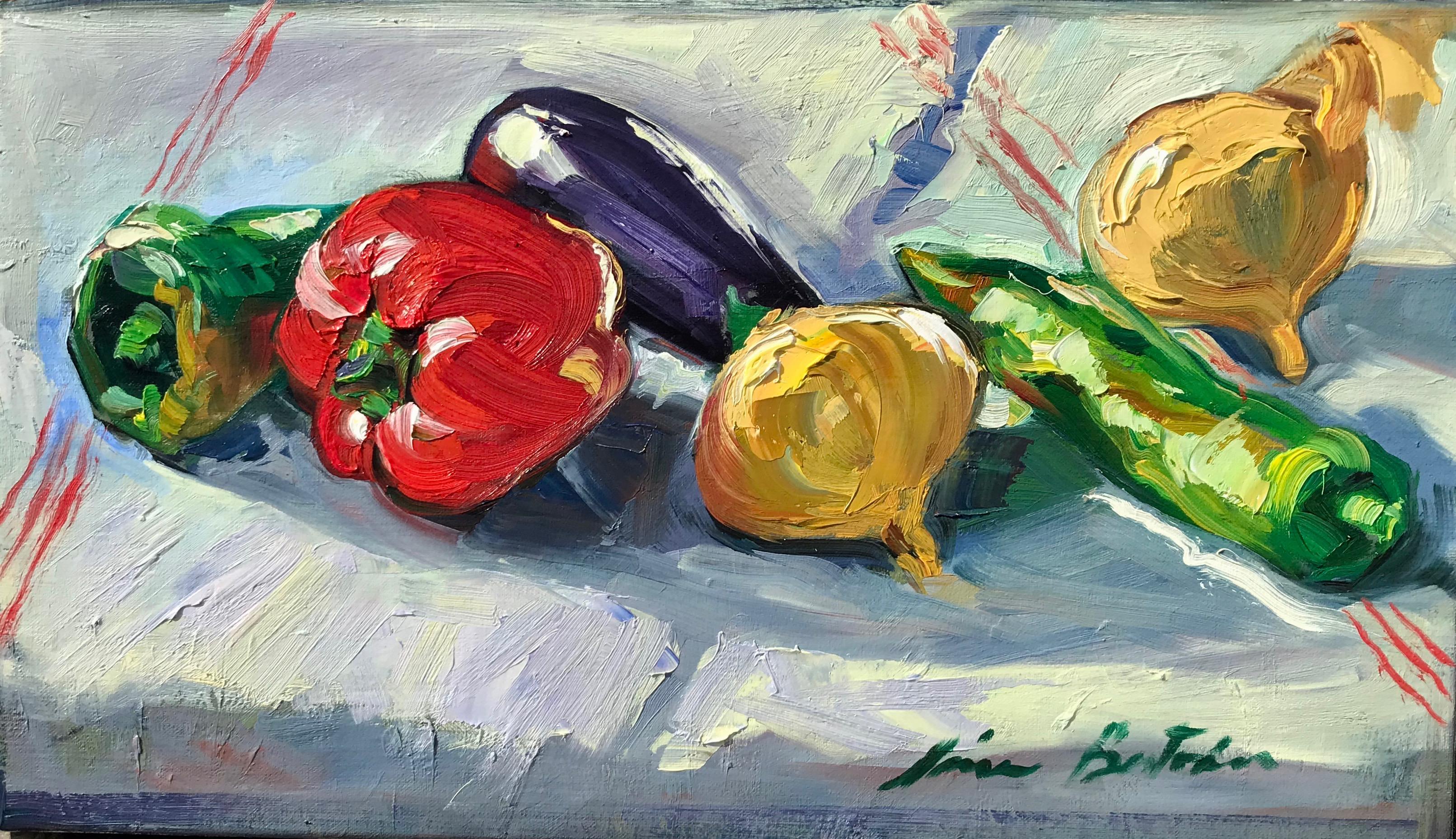 Still-Life Painting Maria Bertrán - Nature morte impressionniste contemporaine à l'huile « Légumes du marché provincial »