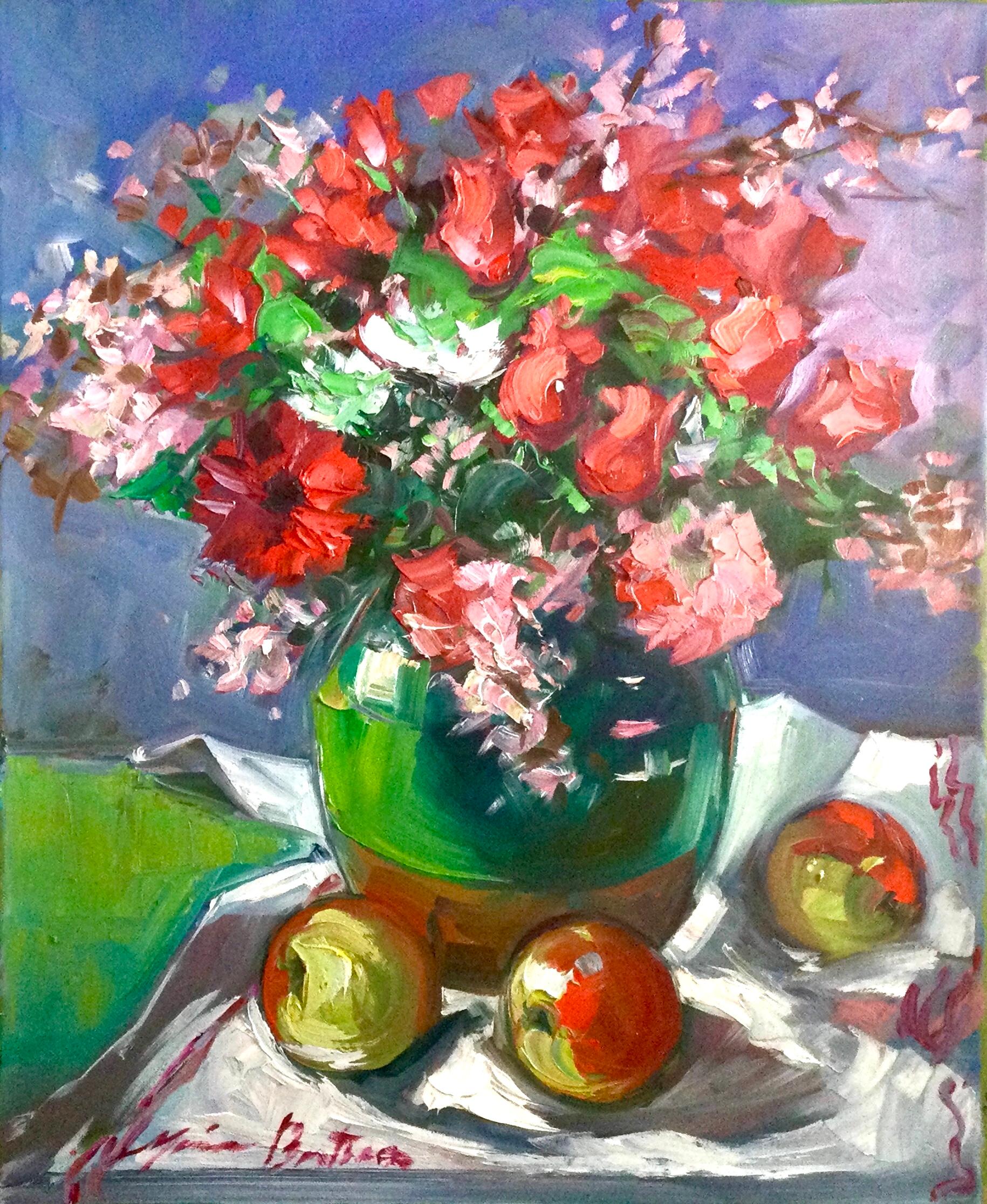 Maria Bertrán Still-Life Painting - "Provencal Roses With Three Apples" Contemporary Impressionist Still Life Oil