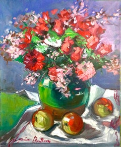 "Provencal Roses With Three Apples" Contemporary Impressionist Still Life Oil