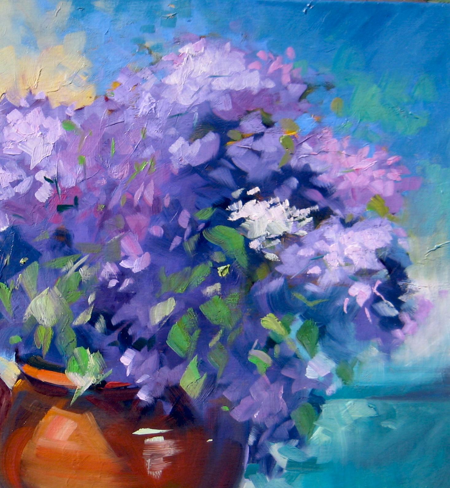 Nature morte impressionniste contemporaine « Purple Hydrangeas » de Maria Bertran - Post-impressionnisme Painting par Maria Bertrán