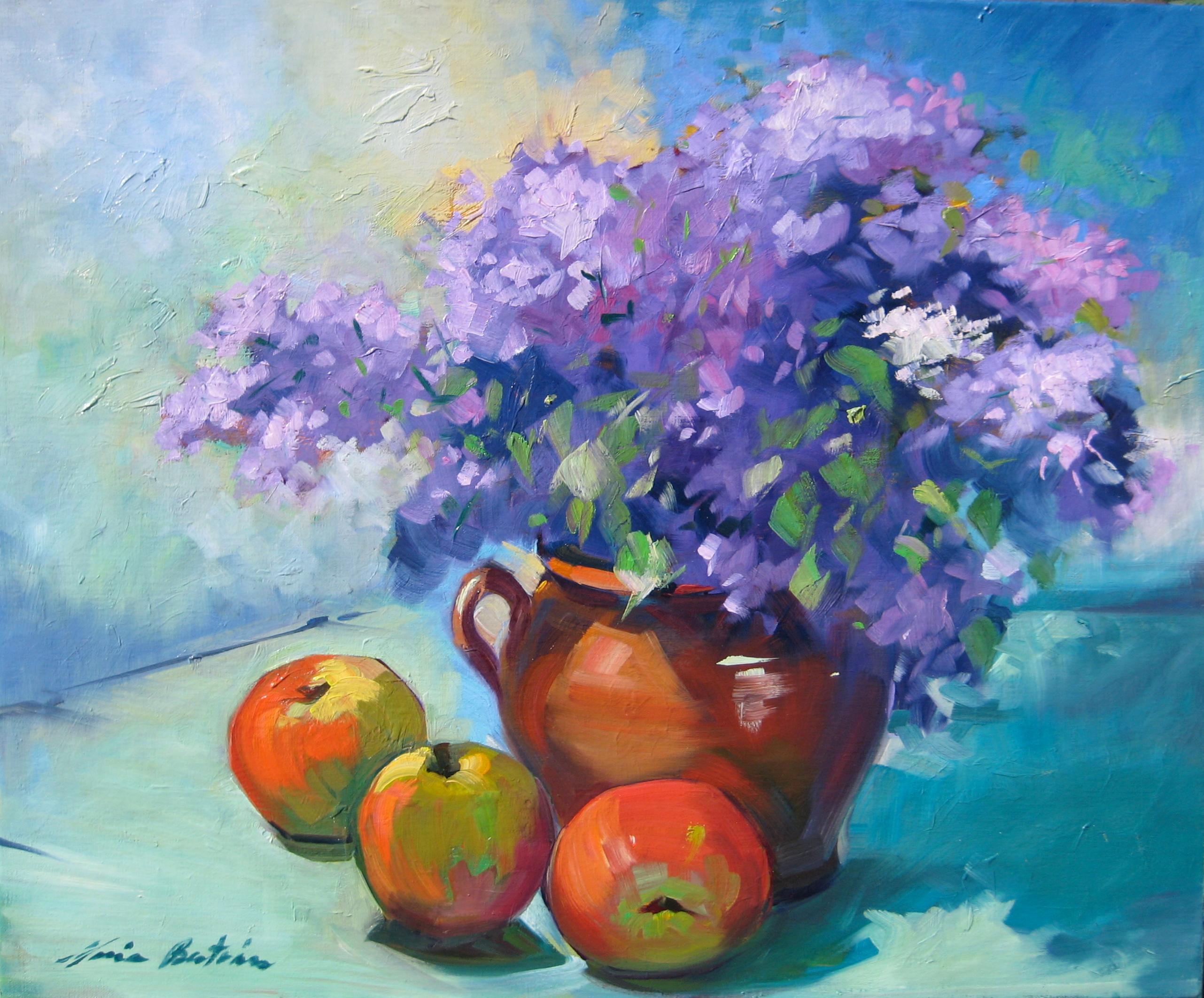 Still-Life Painting Maria Bertrán - Nature morte impressionniste contemporaine « Purple Hydrangeas » de Maria Bertran