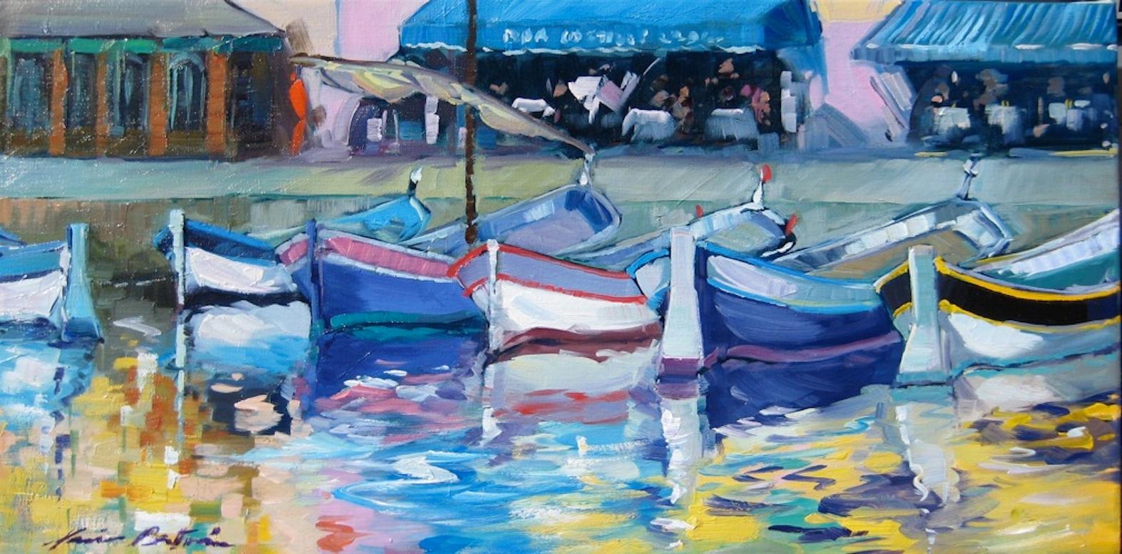 Maria Bertrán Landscape Painting - "Quayside Sanary" Impressionist Oil Of French Riviera by Maria Bertran