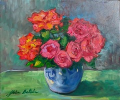 "Red and Orange Roses" Contemporary Impressionist Still Life Oil