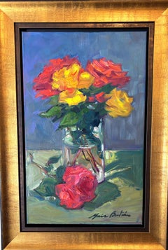 "Roses rouges et jaunes" Nature morte impressionniste contemporaine à l'huile