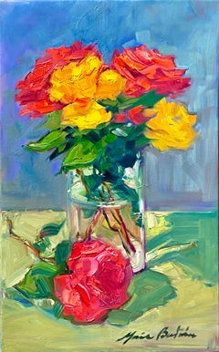 "Roses rouges et jaunes" Nature morte impressionniste contemporaine à l'huile