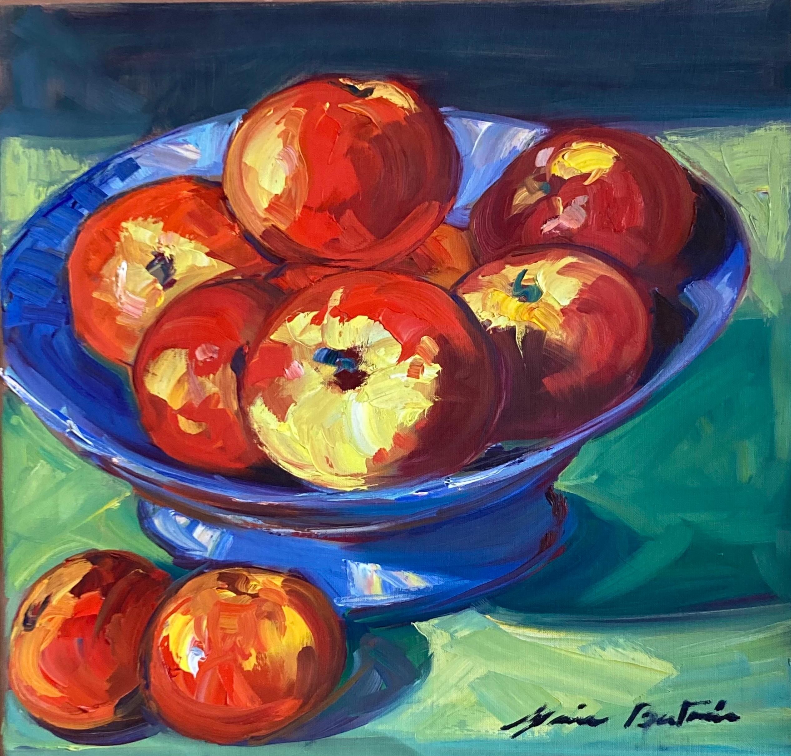 Maria Bertrán Still-Life Painting - "Red Apples In The Bowl" Contemporary Impressionist Still Life Oil