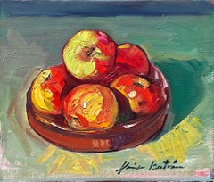 "Red Dish With Apples " Contemporary Impressionist Still Life Oil