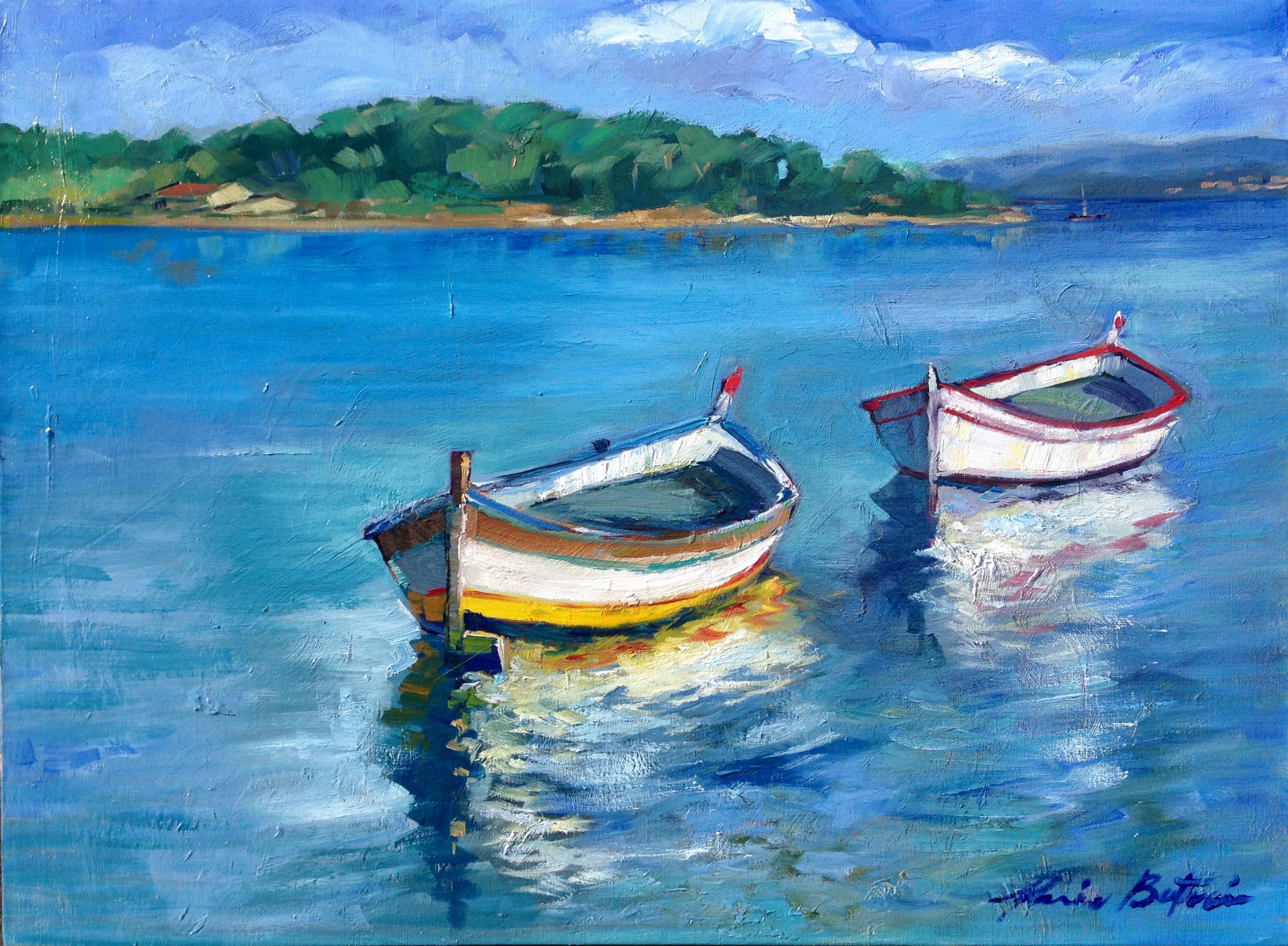 Maria Bertrán Landscape Painting - "Reflections of Le Brusc Bay" Contemporary Impressionist Oil Of French Riviera 