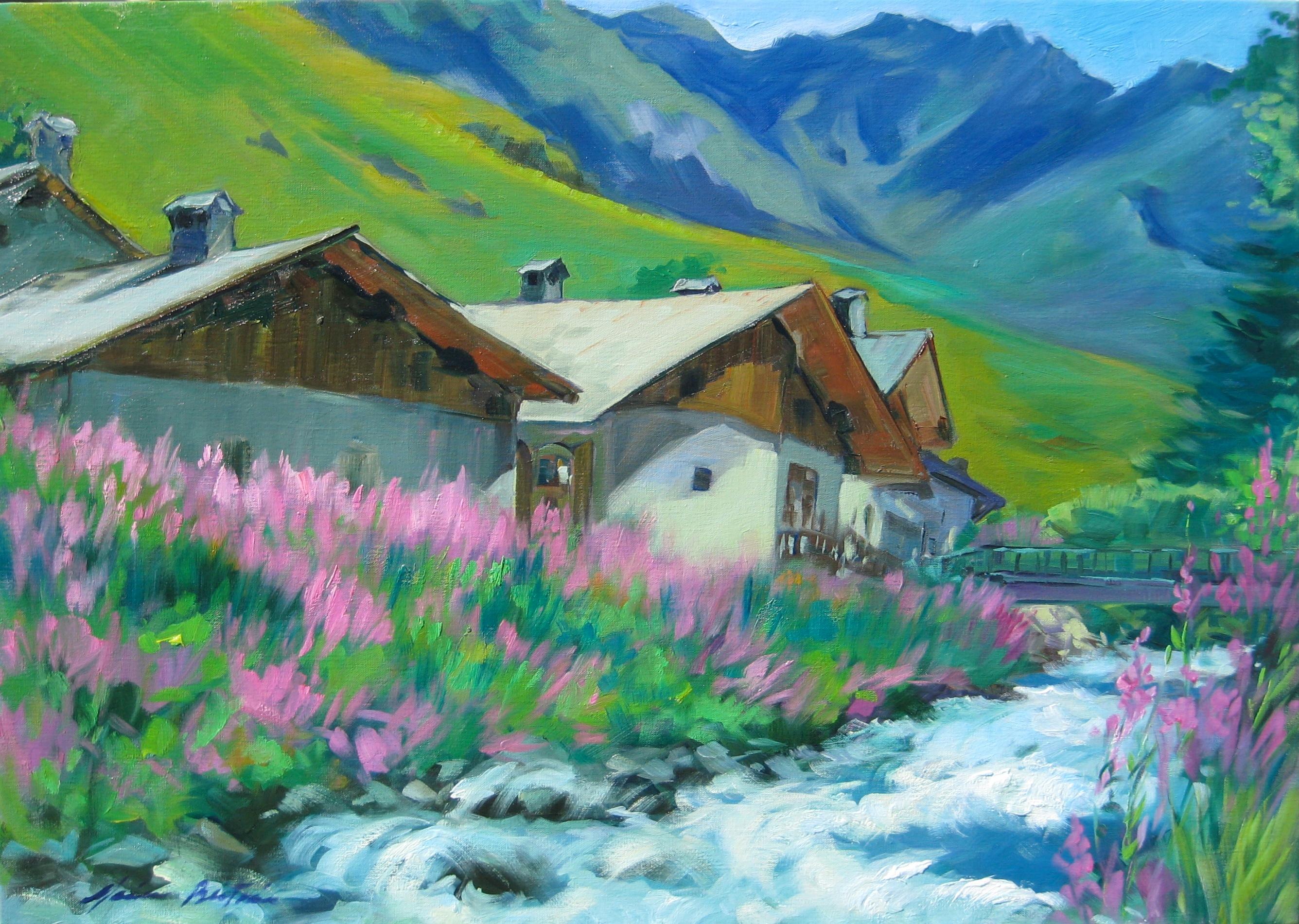 Landscape Painting Maria Bertrán - « River By Alpine Chalets » ( Chalets alpins  Huile impressionniste contemporaine de Maria Bertran