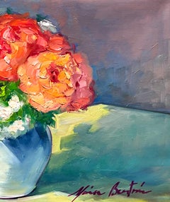 "Rose e ortensie" Olio su natura morta impressionista contemporanea