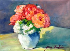 "Roses and Hortensias" Contemporary Impressionist Still Life Oil