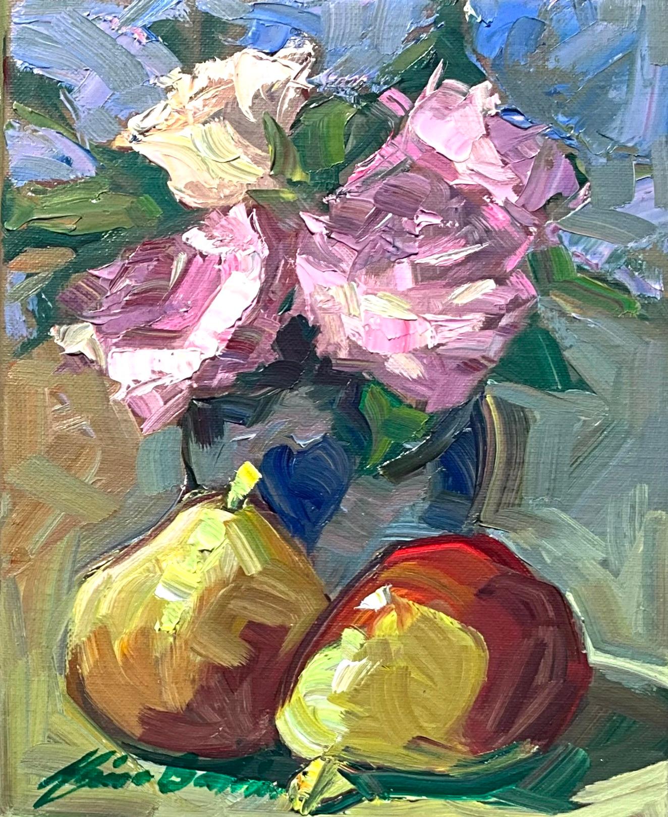 Maria Bertrán Still-Life Painting - "Roses" and Pears " Contemporary Impressionist Still Life Oil