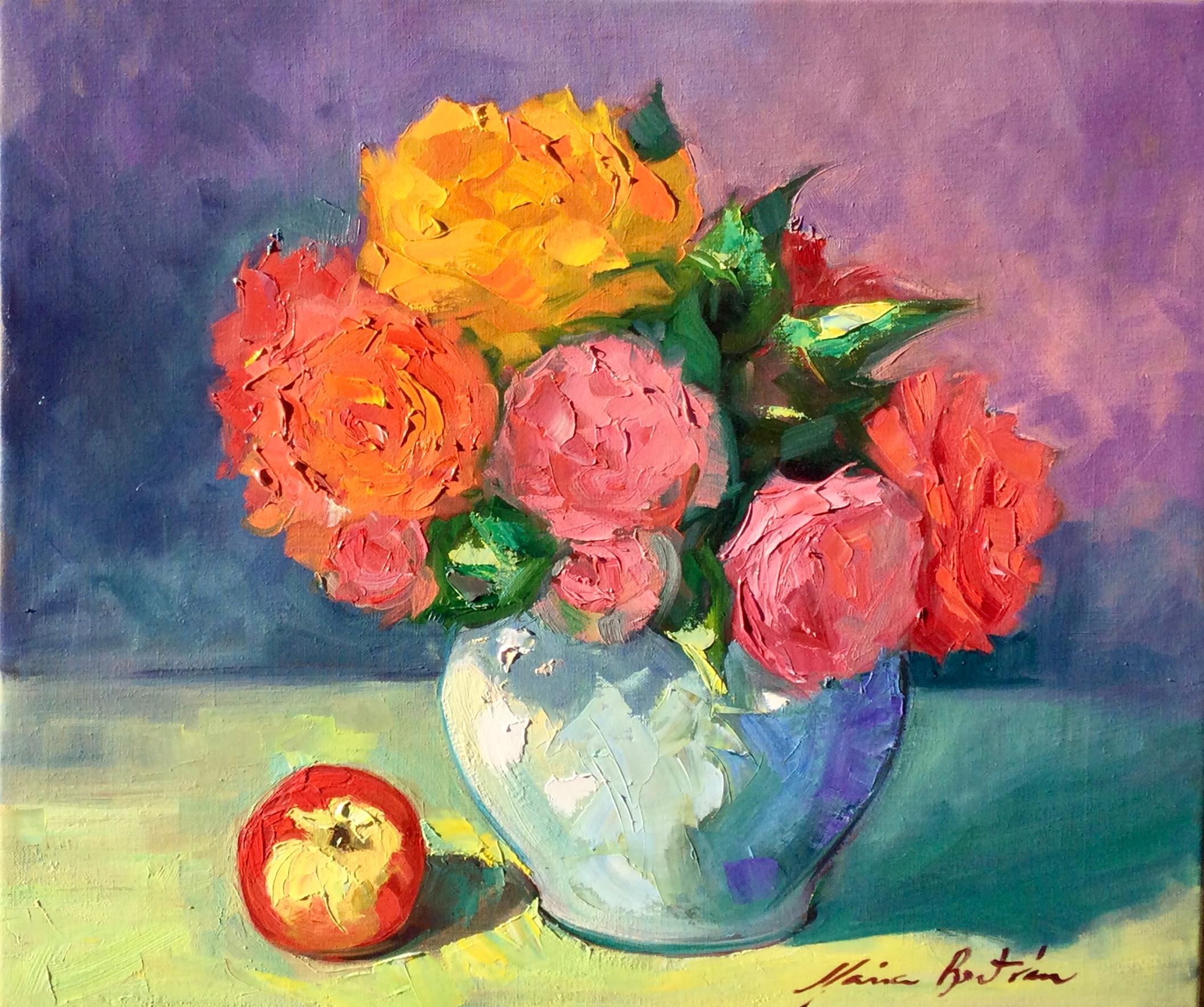 "Roses and Purples" Contemporary Impressionist Still Life Oil