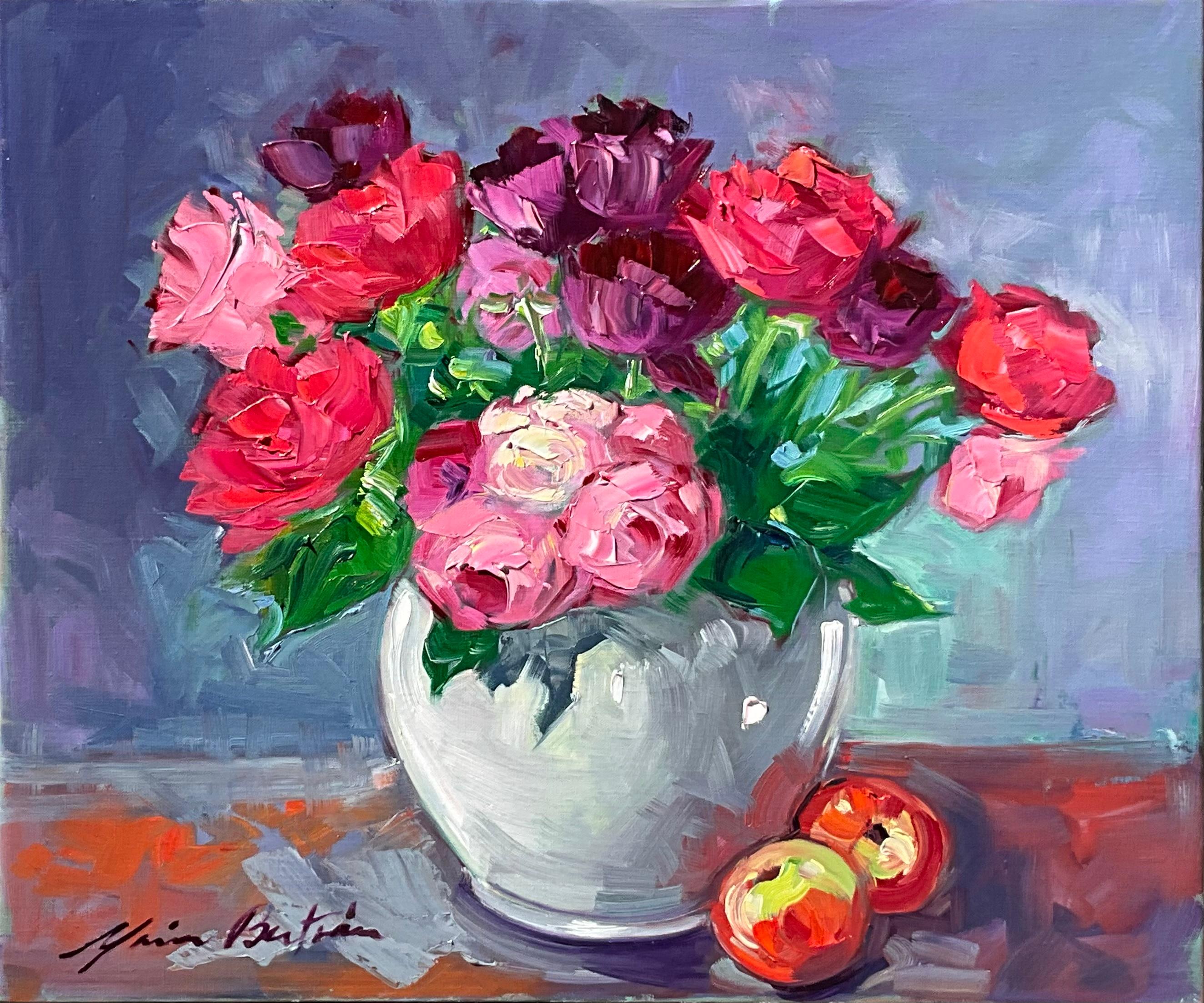 Still-Life Painting Maria Bertrán - "Roses et tulipes" Nature morte impressionniste contemporaine à l'huile