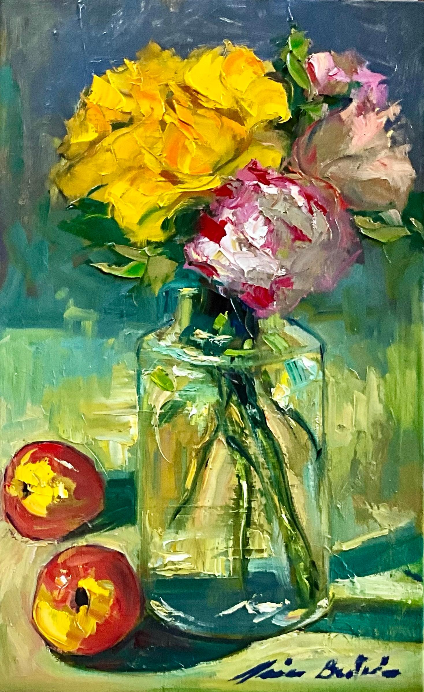 Still-Life Painting di Maria Bertrán - "Rose nel vaso di vetro" Natura morta impressionista contemporanea Olio