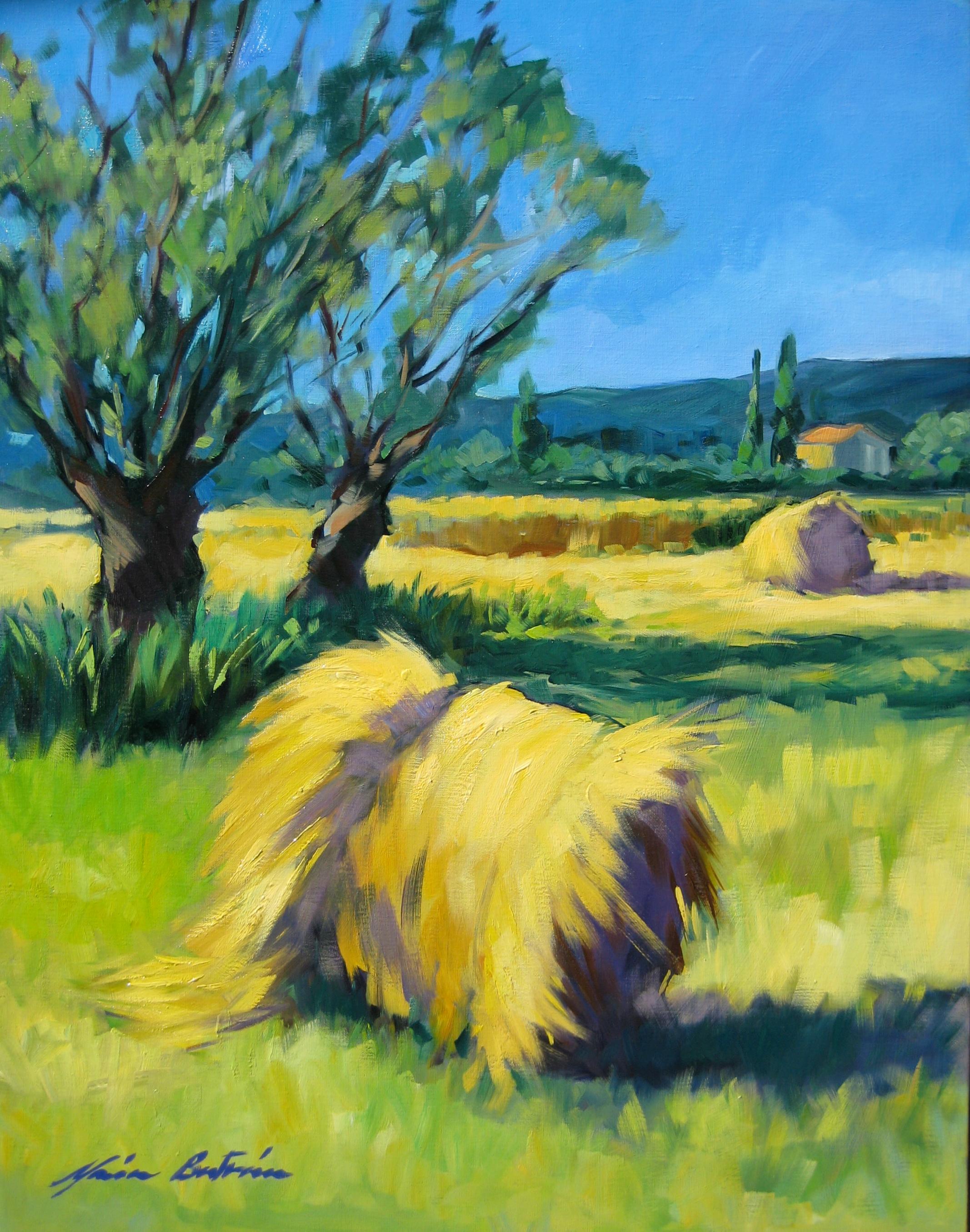 Maria Bertrán Landscape Painting - "Sault Hay Rolls" Contemporary Impressionist Oil Painting by Maria Bertran