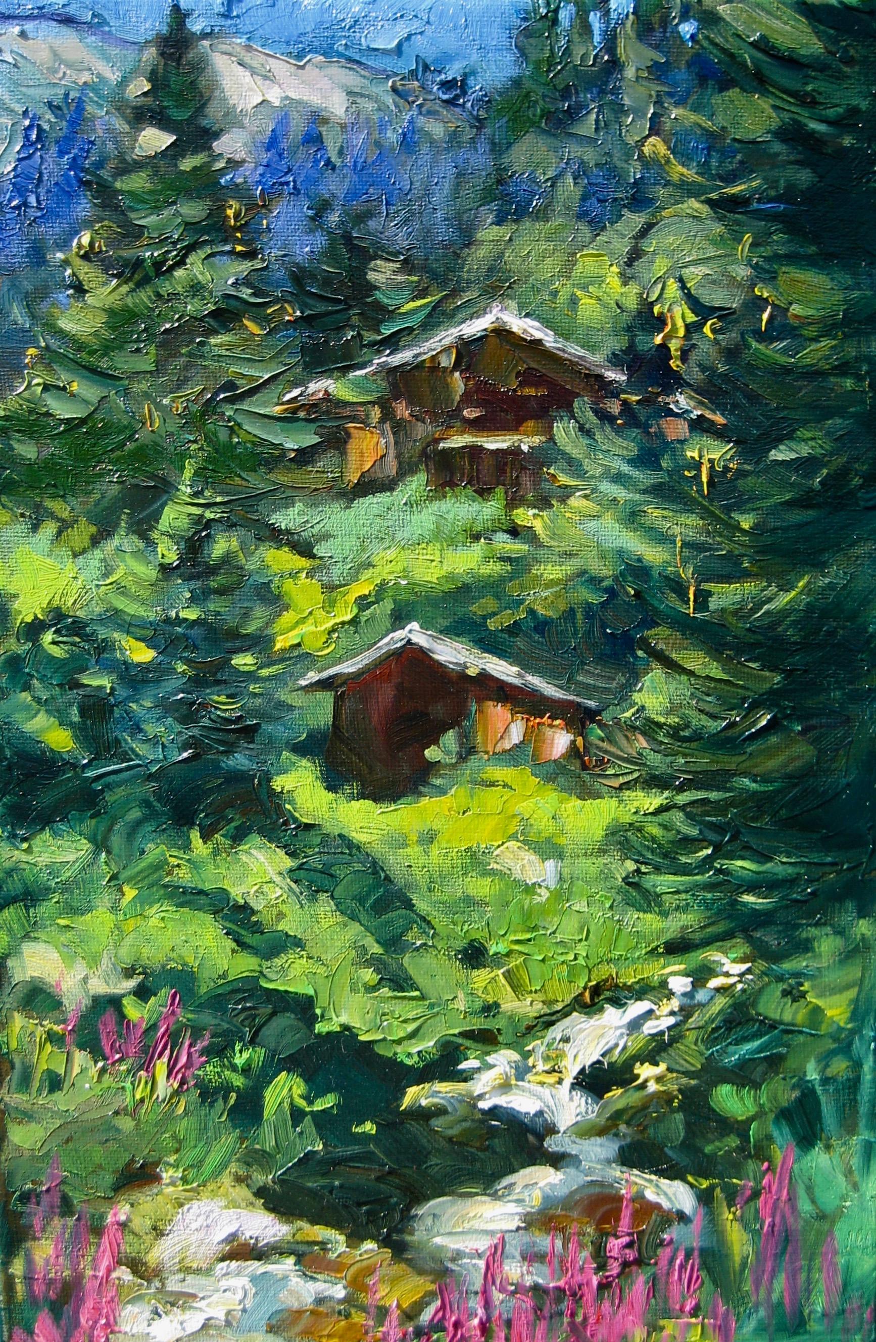 Maria Bertrán Landscape Painting - "Stream Below Alpine Cabins" Contemporary Impressionist Oil of French Alps 
