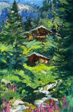 "Stream Below Alpine Cabins" Contemporary Impressionist Oil of French Alps 