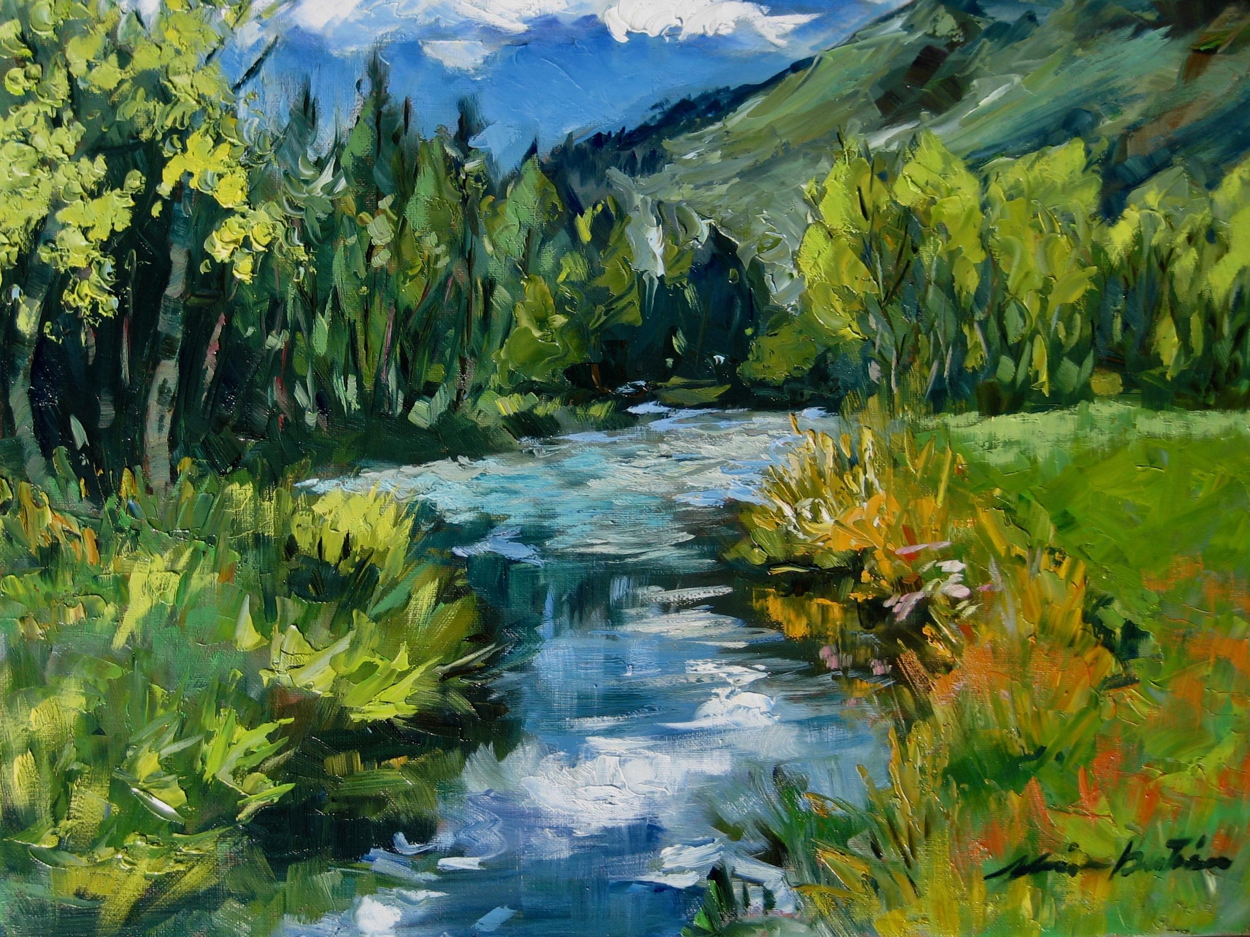 Maria Bertrán Landscape Painting - "Stream In Laisannay "  Contemporary Impressionist Oil of French Alps 