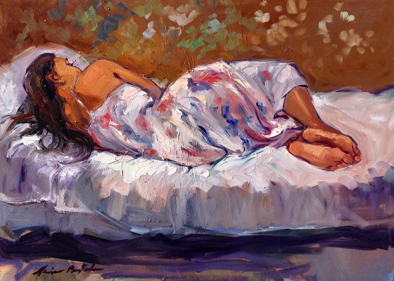 Maria Bertran Figurative Painting - "Summer Siesta" Contemporary Impressionist Figure Oil Painting