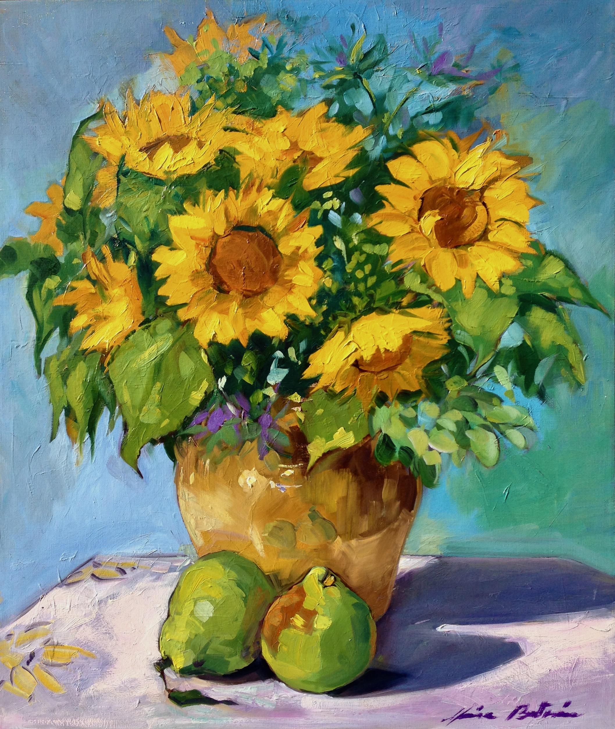 Maria Bertrán Still-Life Painting - "Sunflowers and Pears" Contemporary Impressionist Still Life Oil