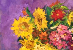 "Sonnenblumen und roter Kosmos" Contemporary Impressionist Still Life Oil