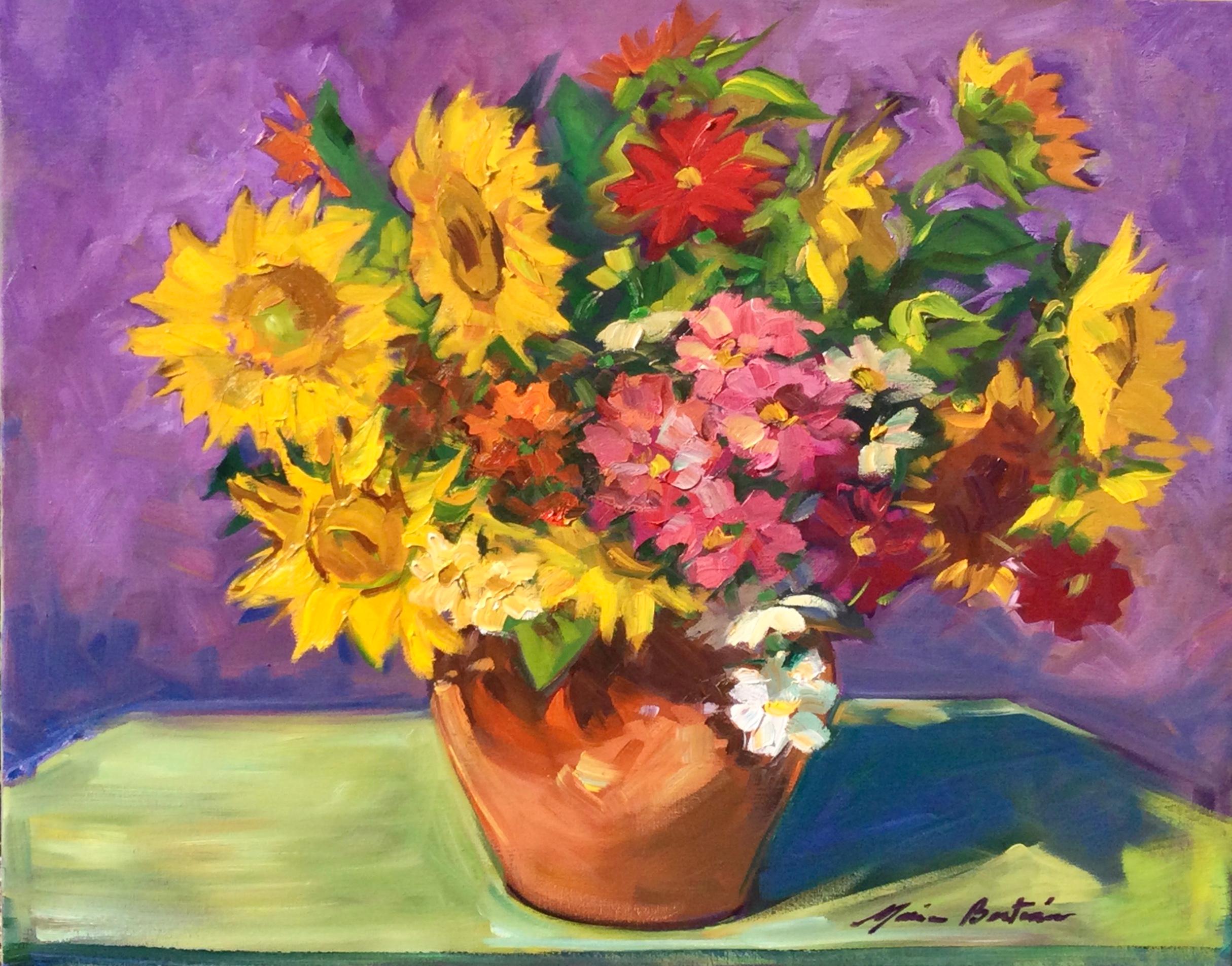 Maria Bertrán Still-Life Painting - "Sunflowers and Red Cosmos" Contemporary Impressionist Still Life Oil