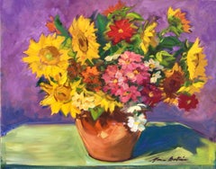 "Sunflowers and Red Cosmos" Contemporary Impressionist Still Life Oil