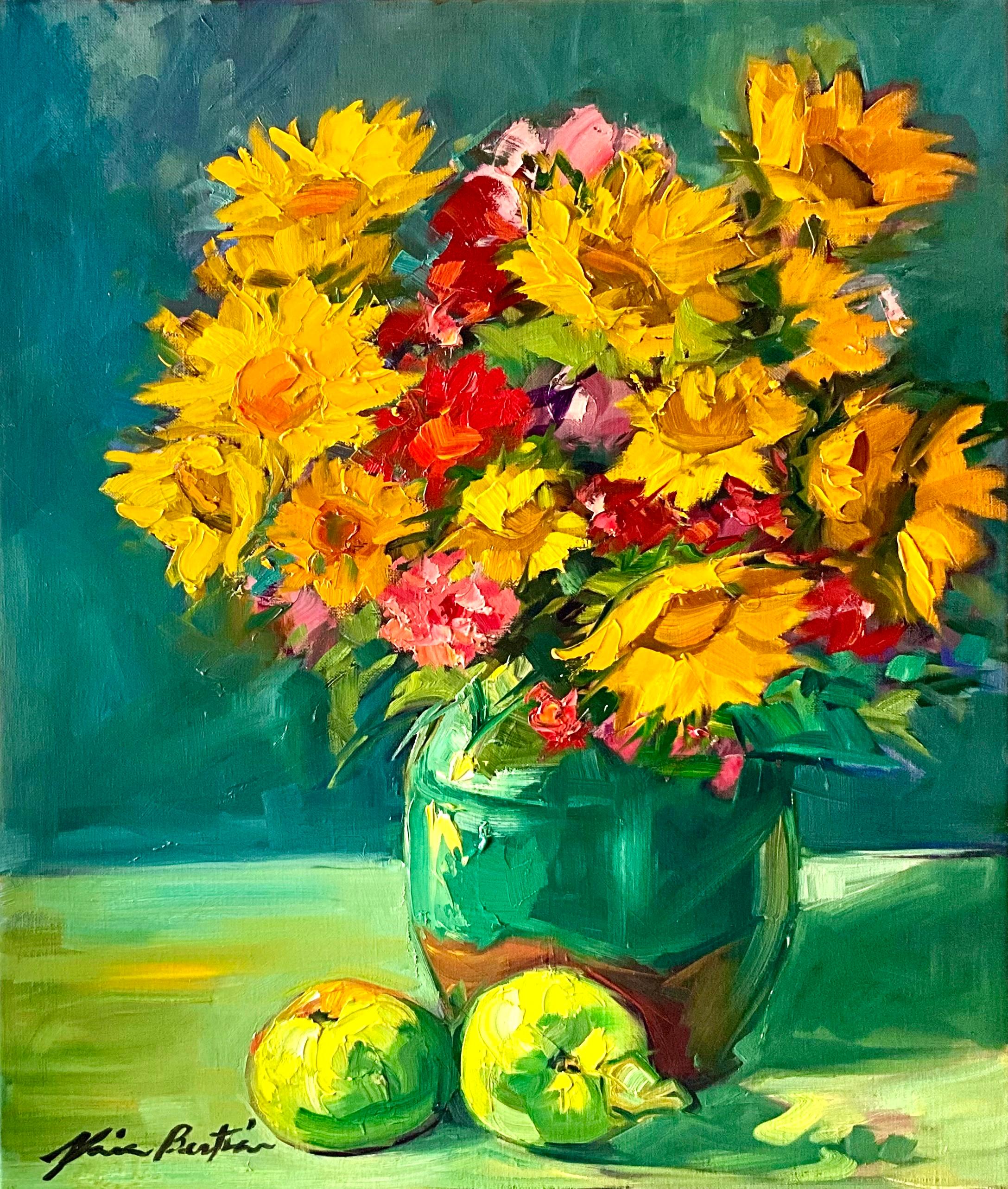 Maria Bertrán Still-Life Painting - "Sunflowers In Provencal Vase" Contemporary Impressionist Still Life Oil