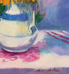 "Girasoles en jarrón blanco" Bodegón impresionista contemporáneo al óleo