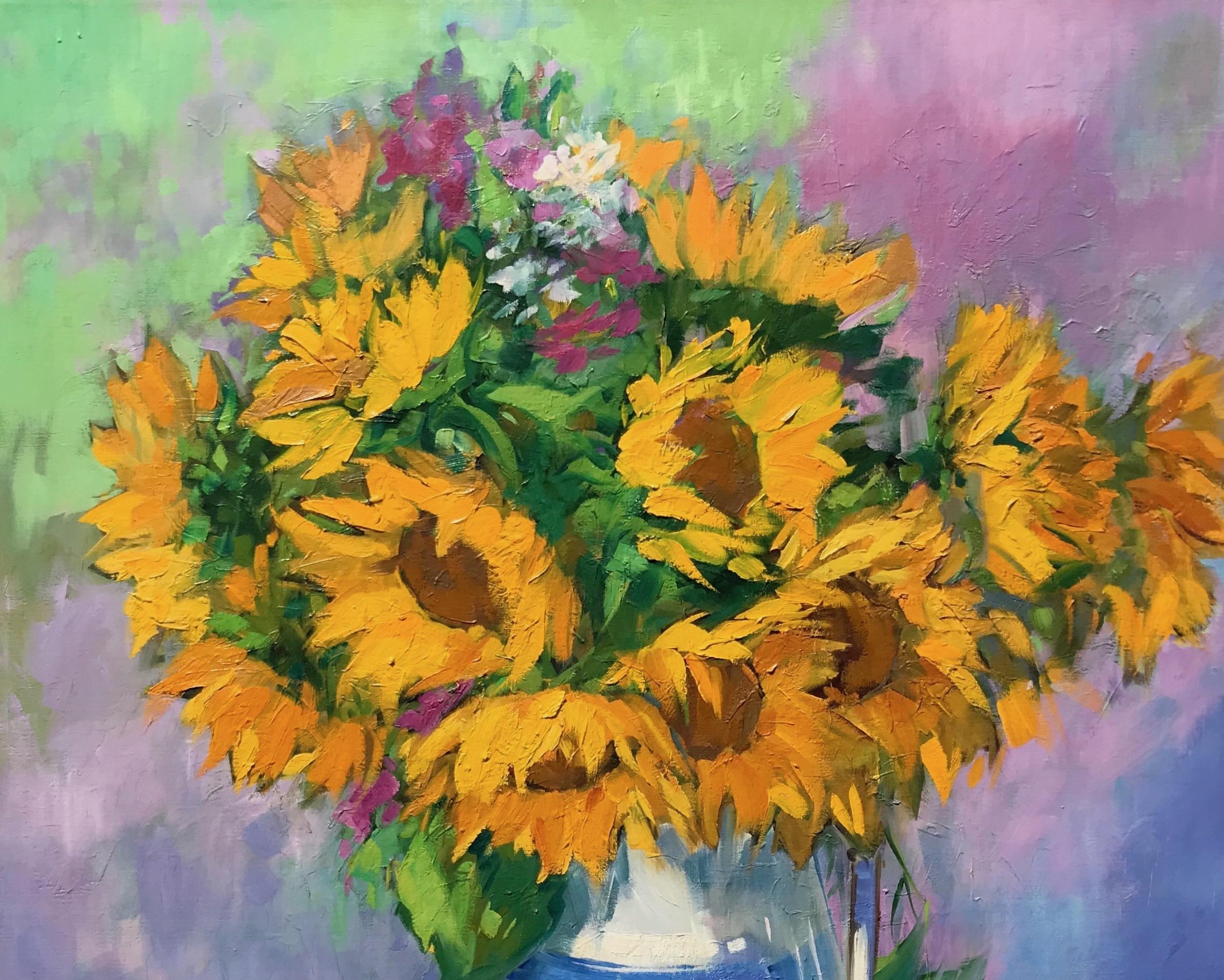 an impressionist oil painting of sunflowers in a purple vase