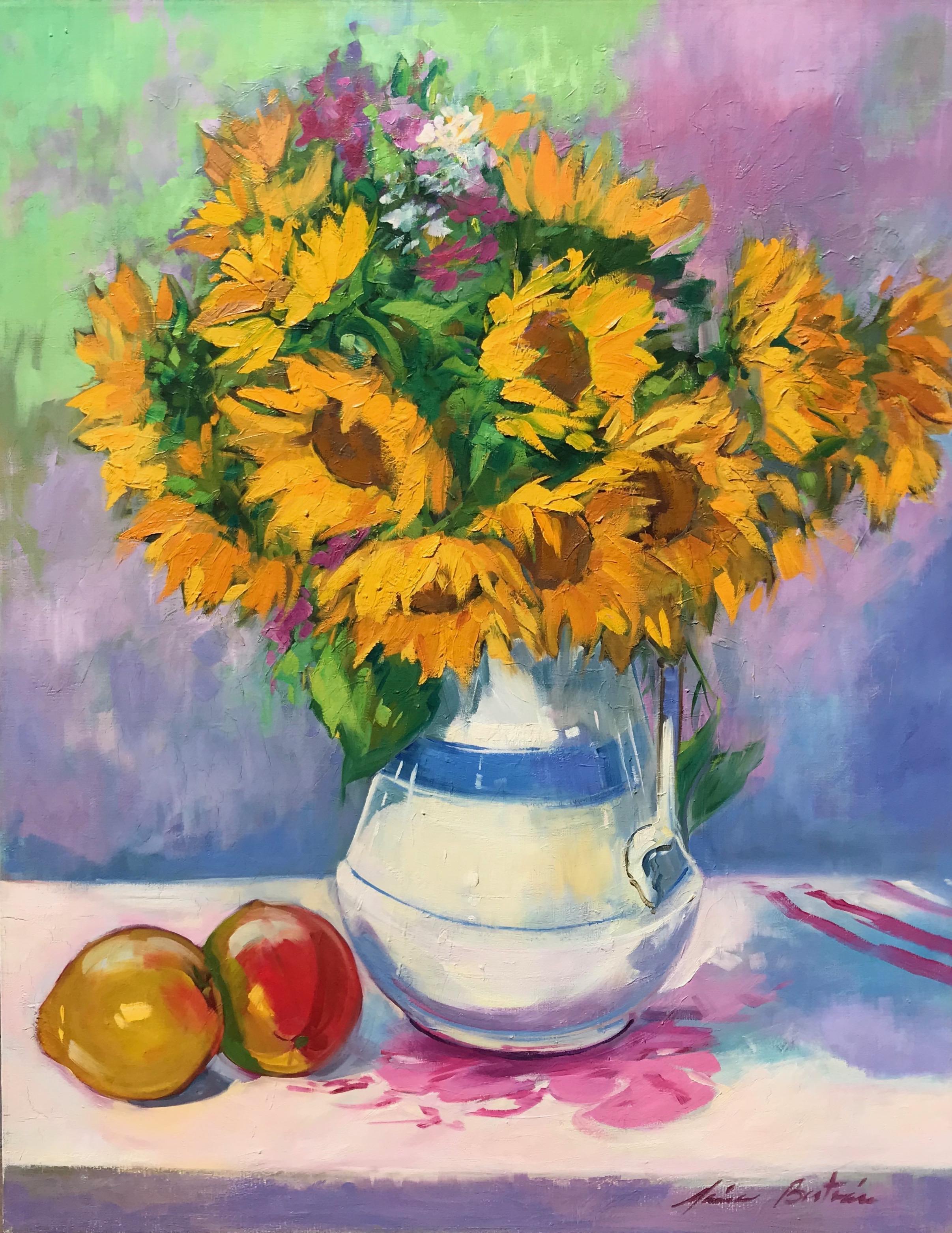 Maria Bertrán Still-Life Painting - "Sunflowers In White Vase" Contemporary Impressionist Still Life Oil
