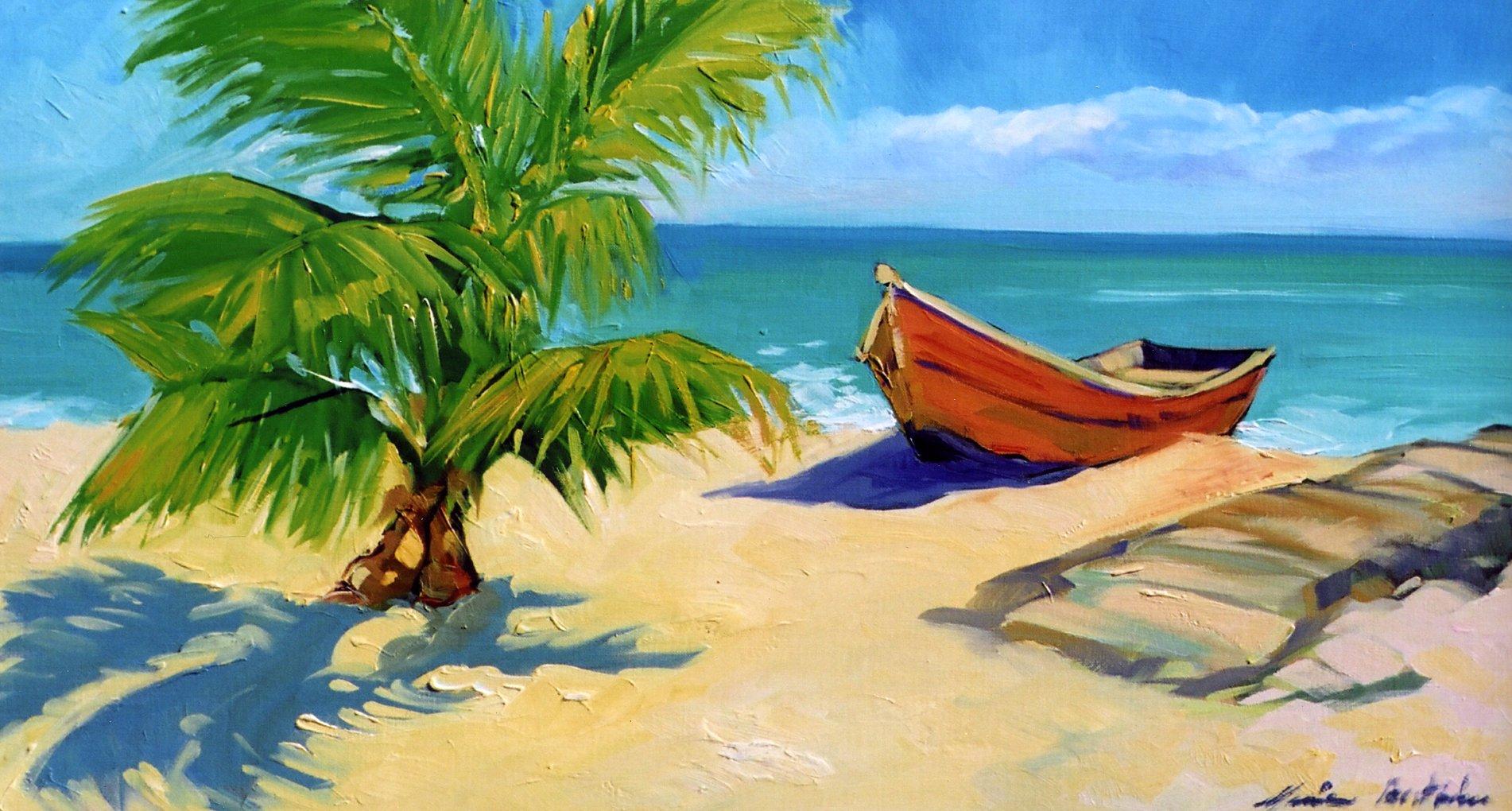 Maria Bertrán Landscape Painting - "Sunny Beach Fishing Boats" Contemporary Impressionist Oil of Florida Keys