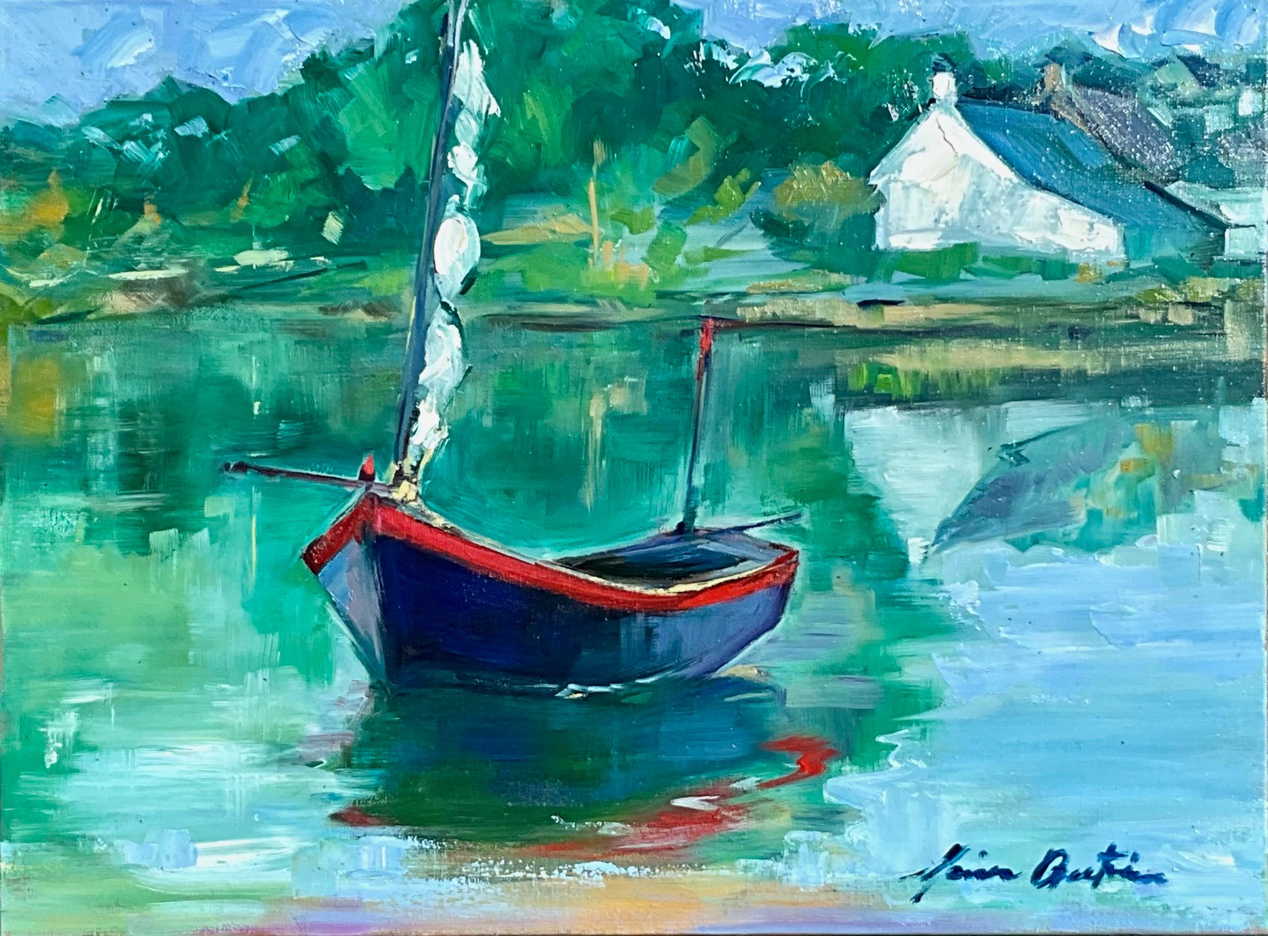 Landscape Painting di Maria Bertrán - "Il porto di Lindin, Bretagna" Contemporaneo  Olio impressionista della Bretagna
