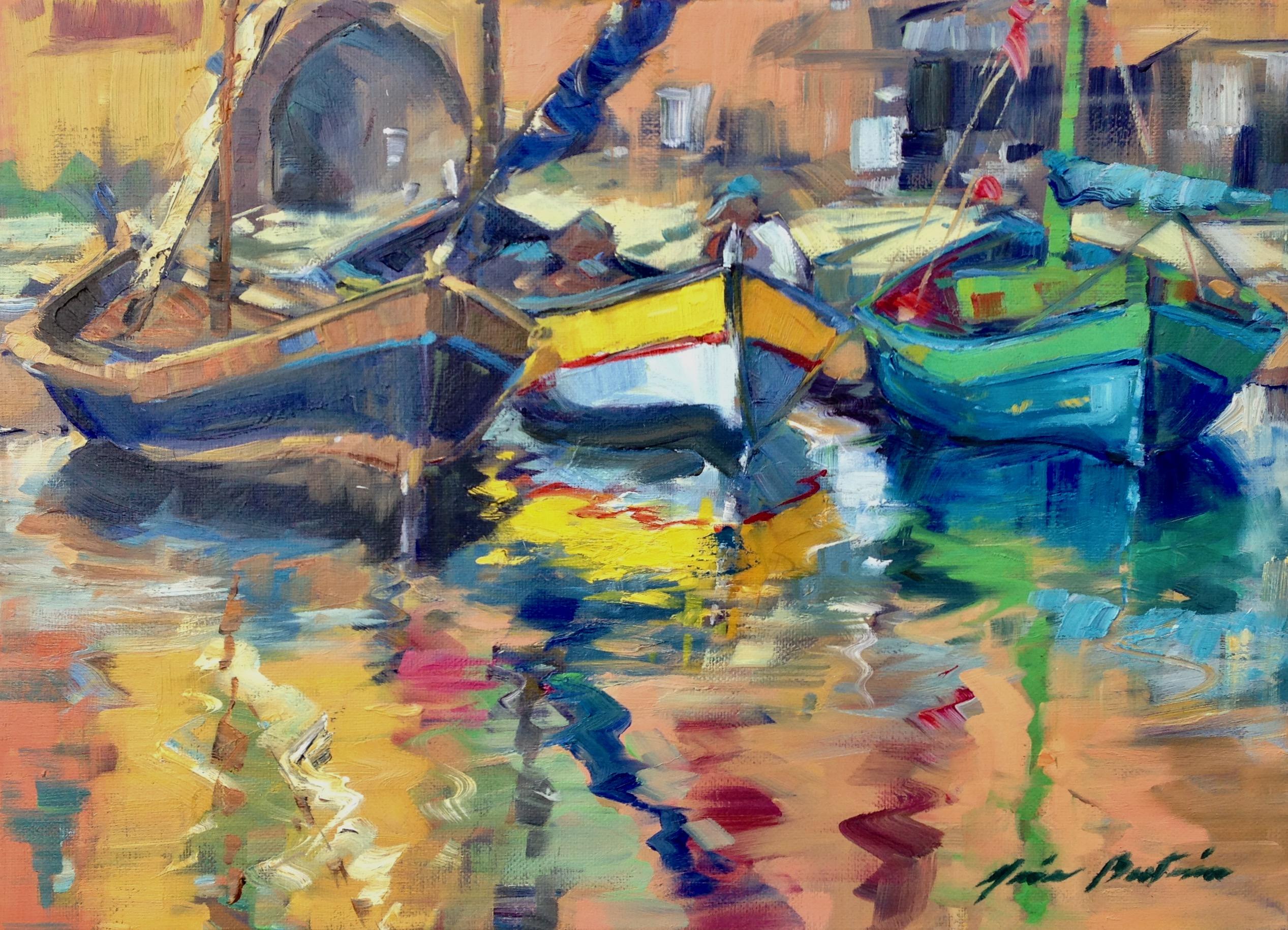Maria Bertrán Landscape Painting - "Trois Bateaux" Contemporary Impressionist Oil Of French Riviera 