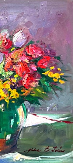 "Tulpen in provenzalischer Vase" Zeitgenössisches impressionistisches Stillleben Öl
