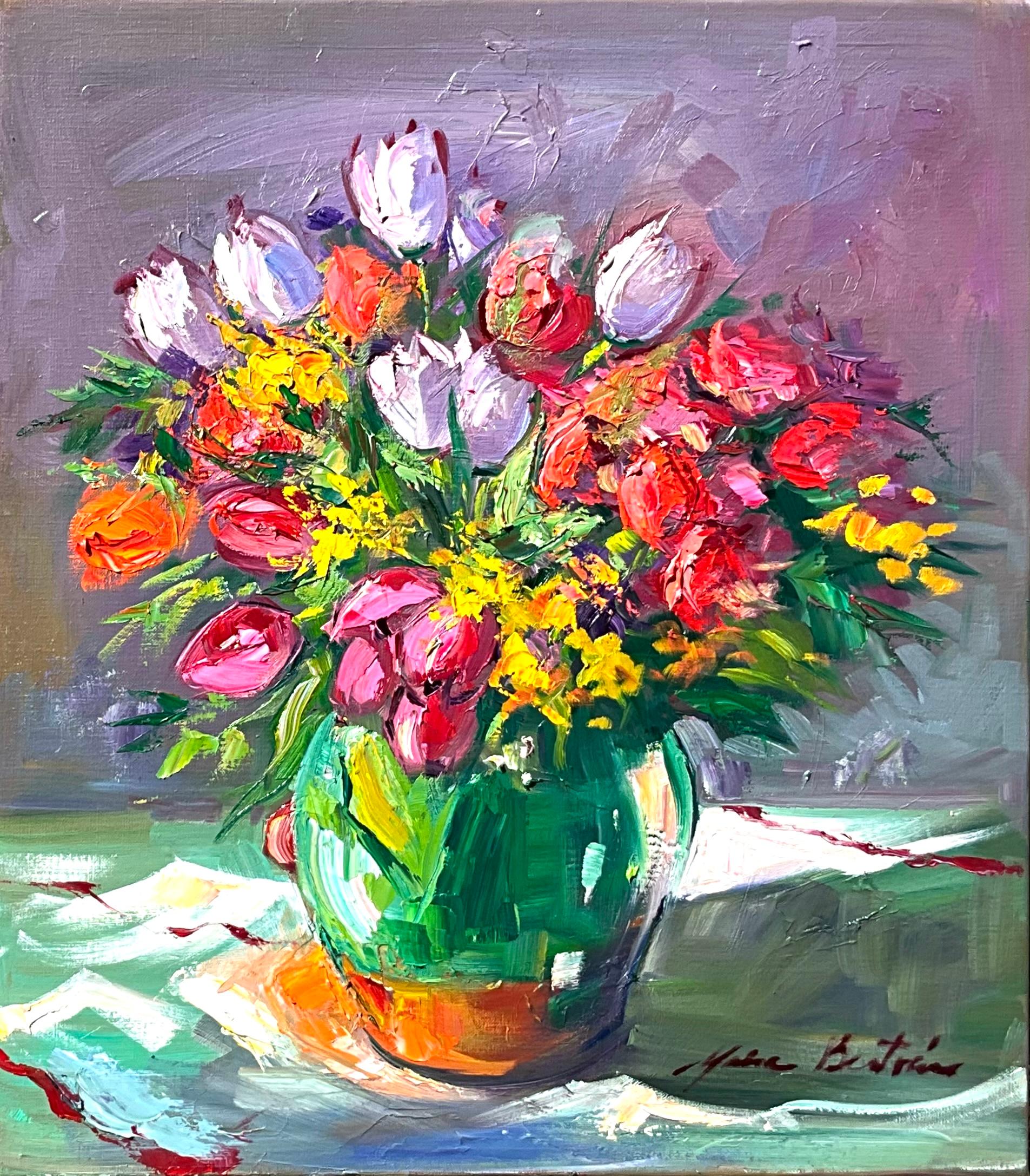 "Tulips In Provencal Vase" Contemporary Impressionist Still Life Oil