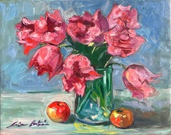 "Tulips  In The Glass Vase" Contemporary Impressionist Still Life Oil