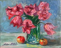 "Tulipes  In The Glass Vase" Nature morte impressionniste contemporaine à l'huile