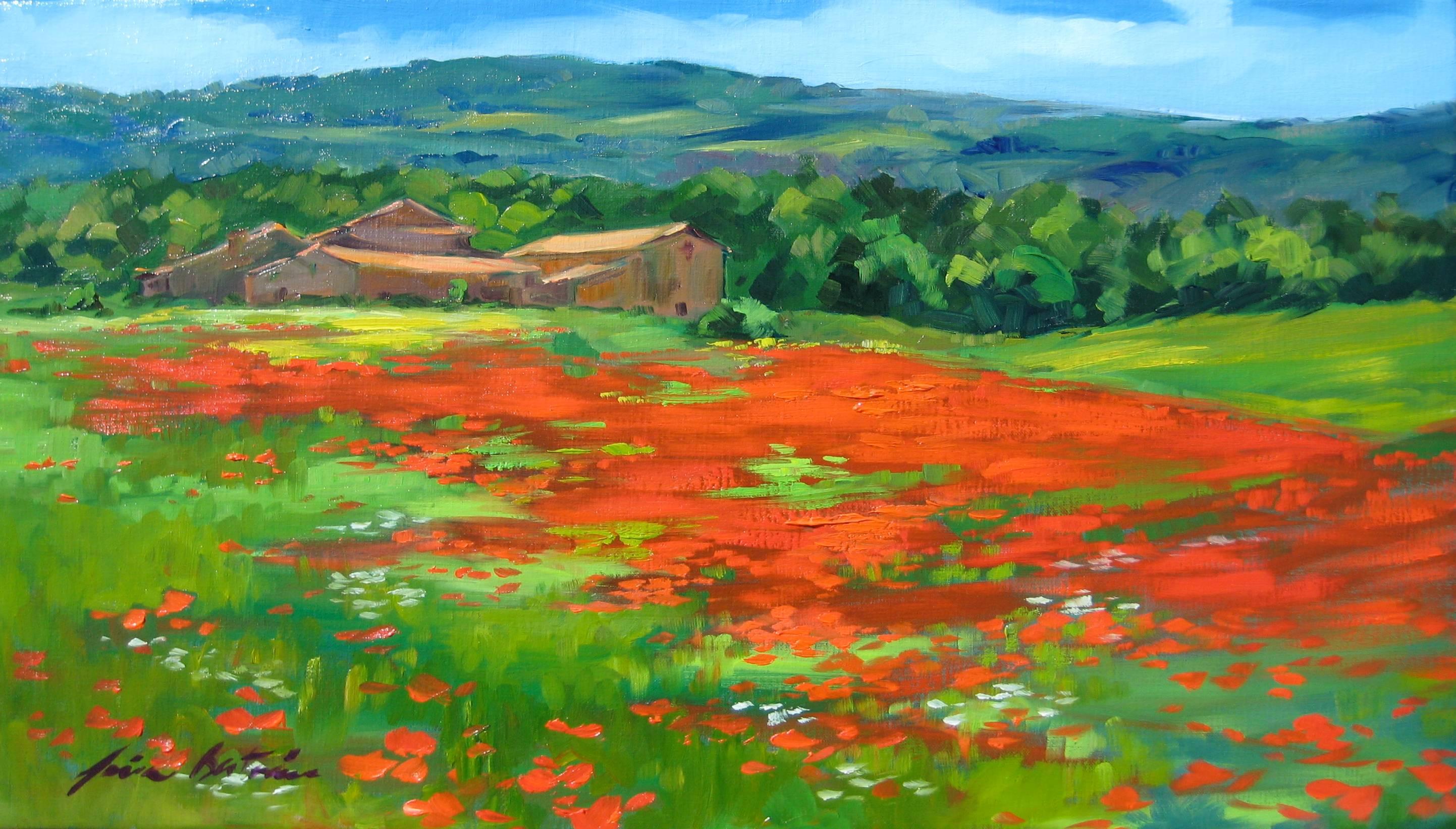 Maria Bertrán Landscape Painting - "Vacheres Poppy Field"  Impressionist Painting by Maria Bertran In Provence