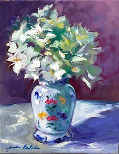 Vintage "Vase With White Tulips" Contemporary Impressionist Still Life Oil