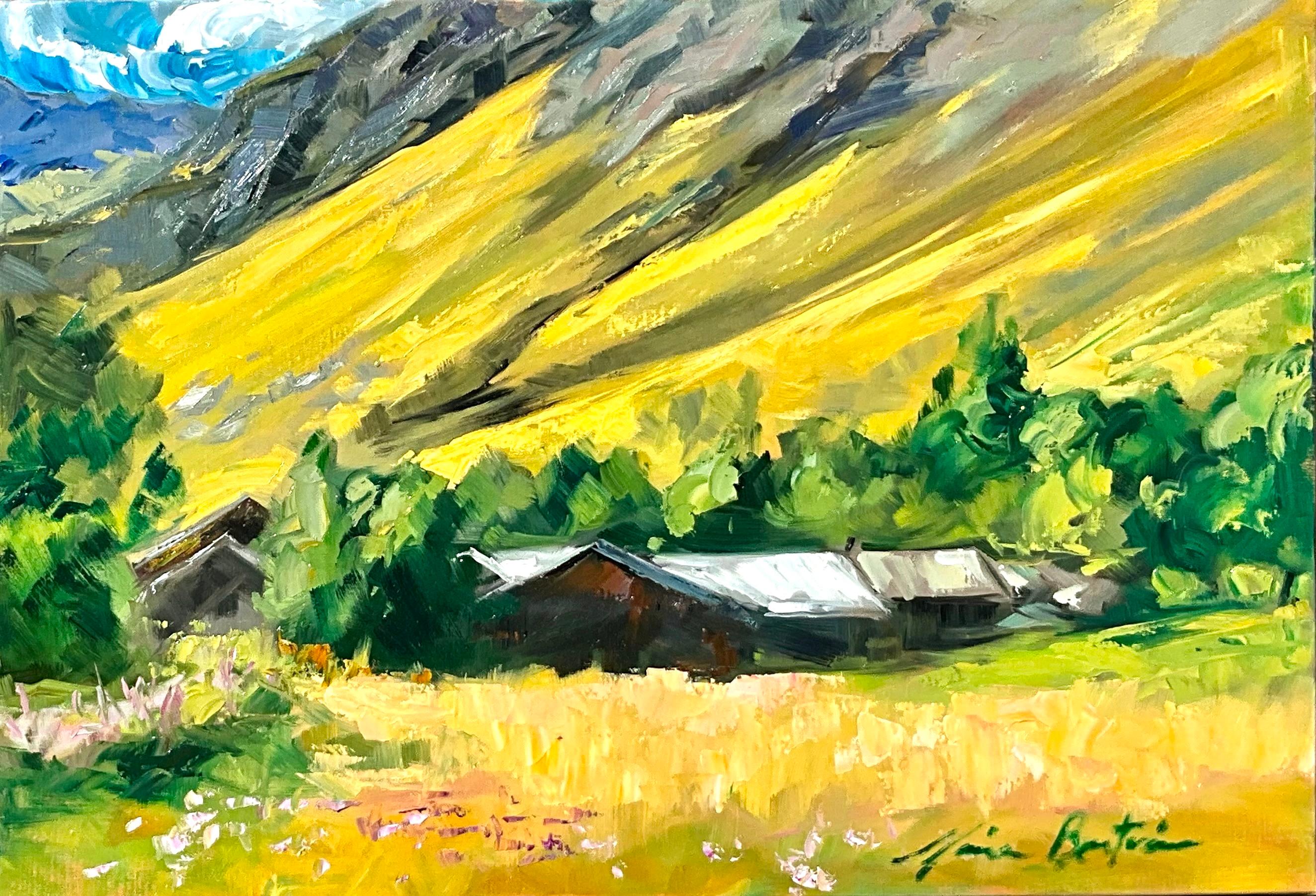 Maria Bertrán Landscape Painting - Village of Laisonnay"   Contemporary Impressionist Oil Painting of French Alps