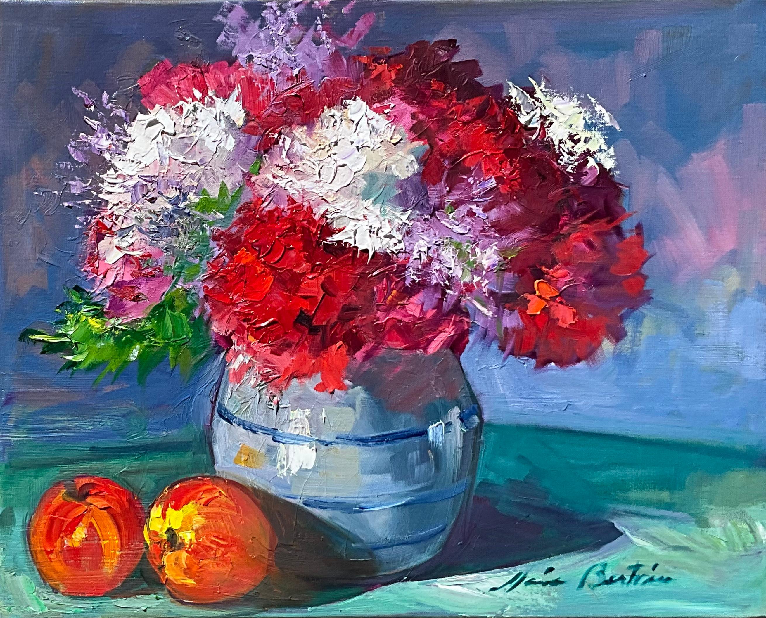 "White and Red Peonies" Contemporary Impressionist Still Life Oil
