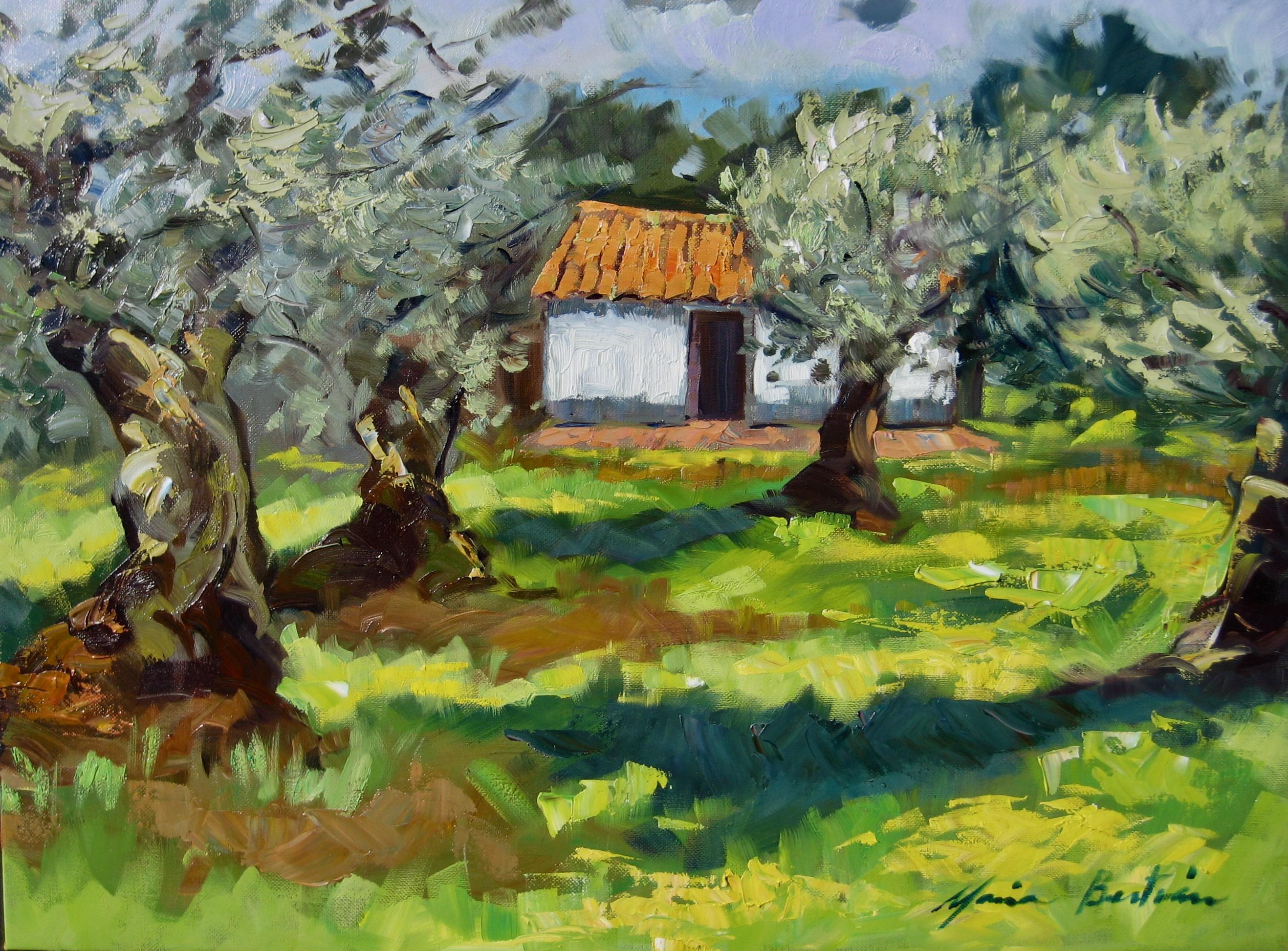 Maria Bertrán Landscape Painting - "White House In The Olive Grove"  Modern Impressionist Oil Painting of Spain