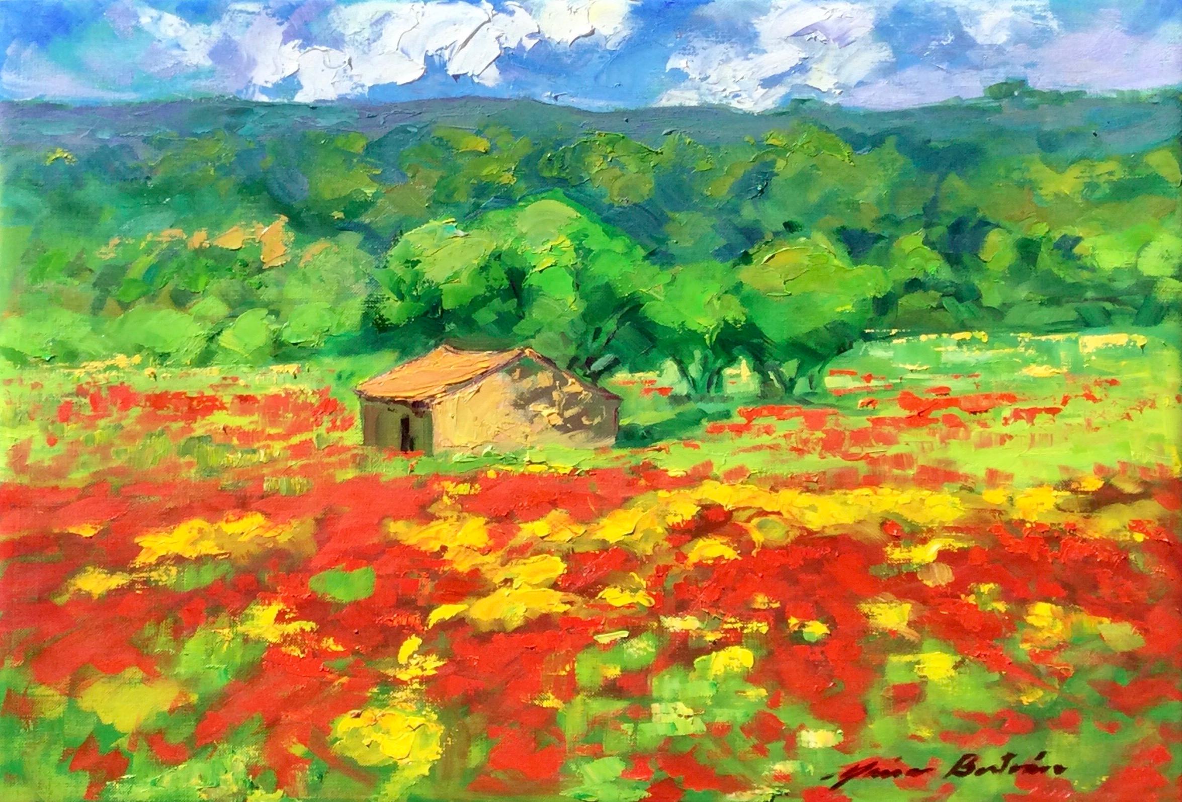 Landscape Painting Maria Bertrán - "The Wild Poppies By The Cabanon" Huile impressionniste contemporaine de Provence