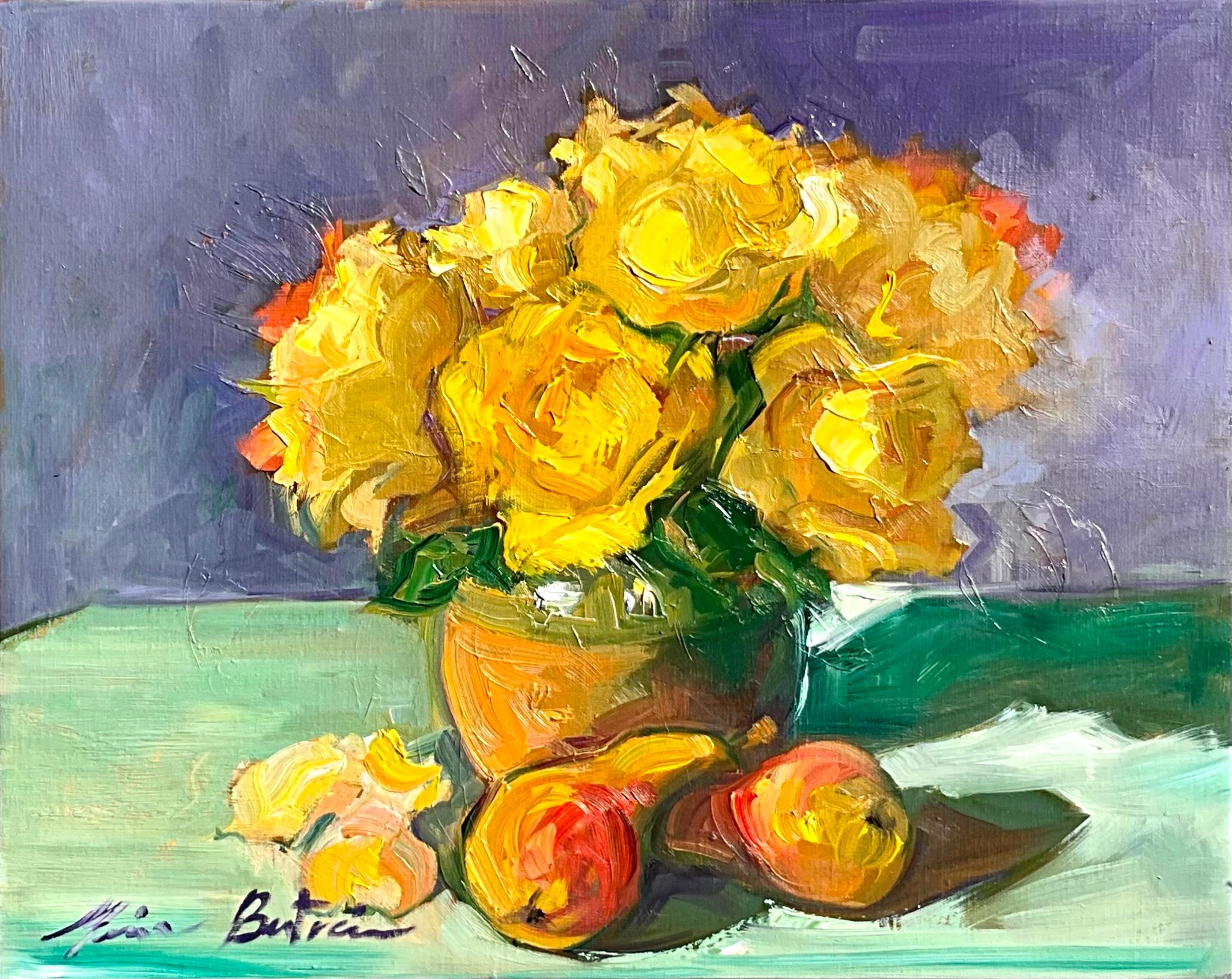 Still-Life Painting Maria Bertrán - "Yellow Roses" Nature morte impressionniste contemporaine à l'huile