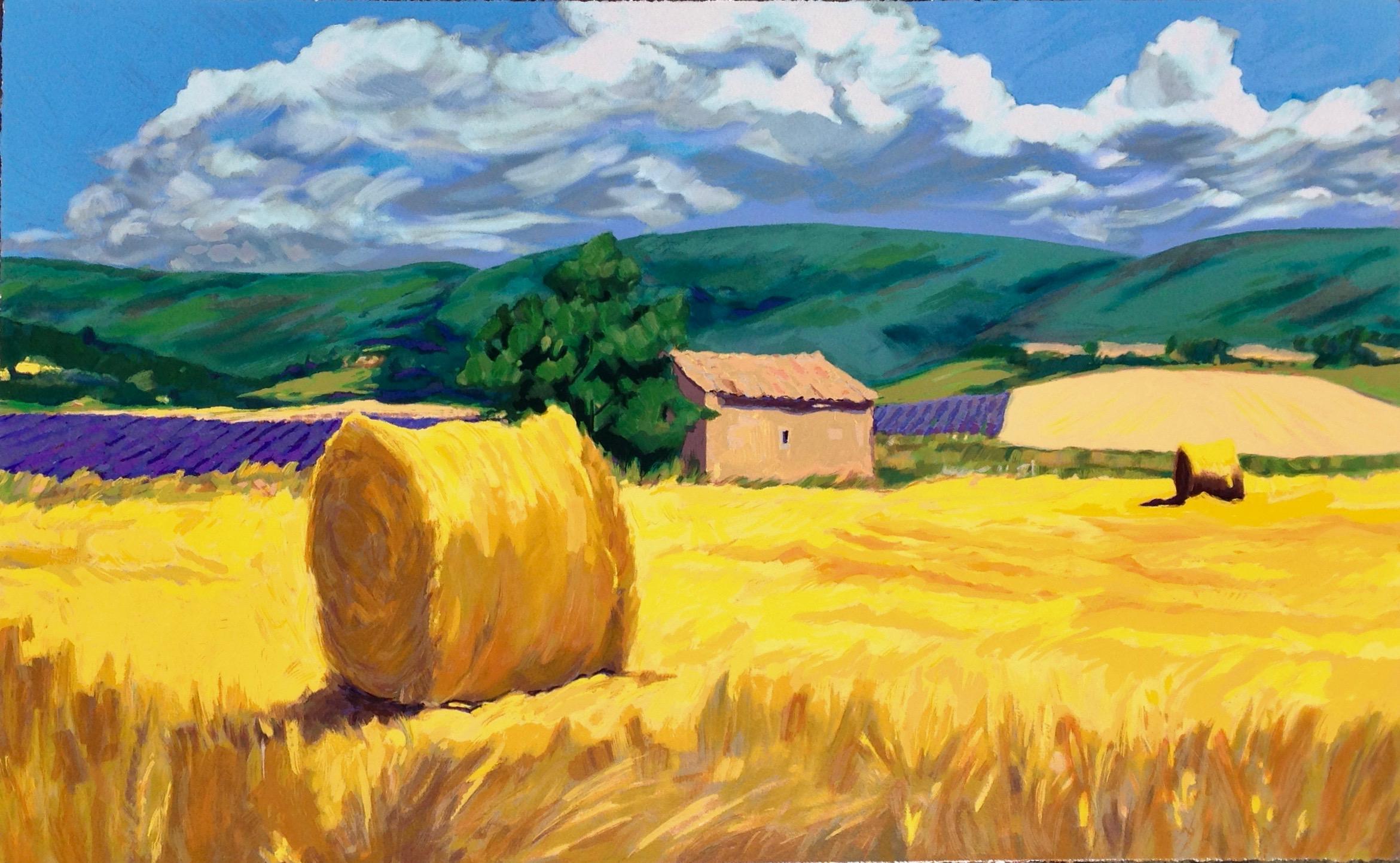 Maria Bertrán Landscape Print – „Hayrolls In The Lavender Field“  Modern-impressionistische Serigrafie der Provence