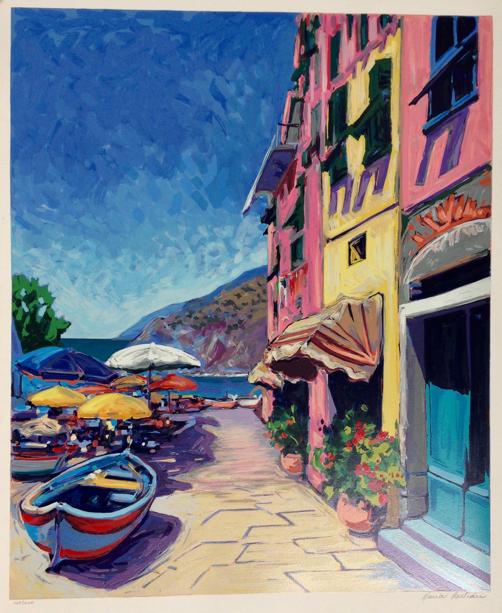 Maria Bertrán Landscape Print - "Vernazza"  Contemporary Impressionist Serigraph of Cinque Terre, Italy